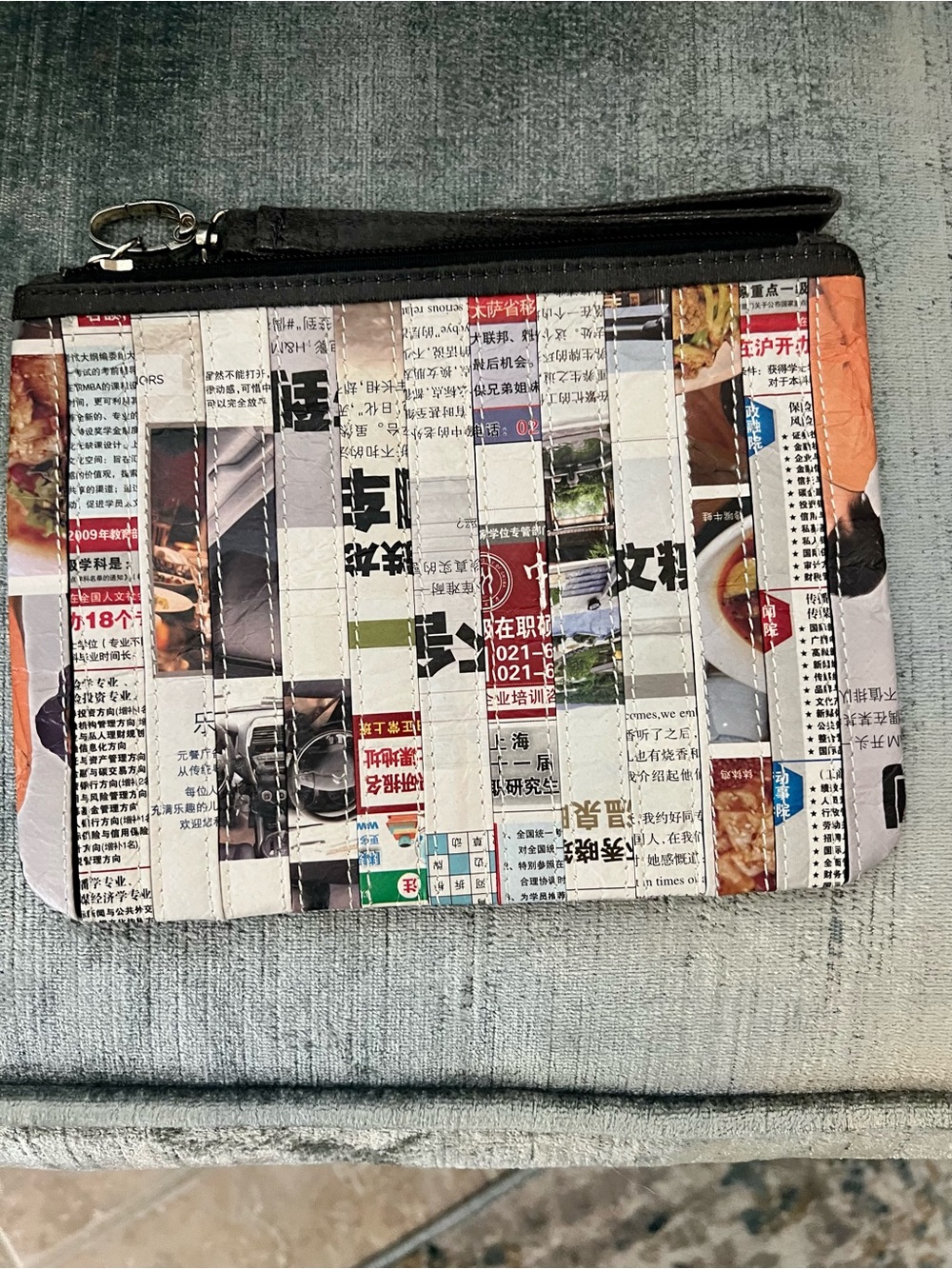 Printed Newsprint Zip Pouch (Multicolor)—NWOT!
